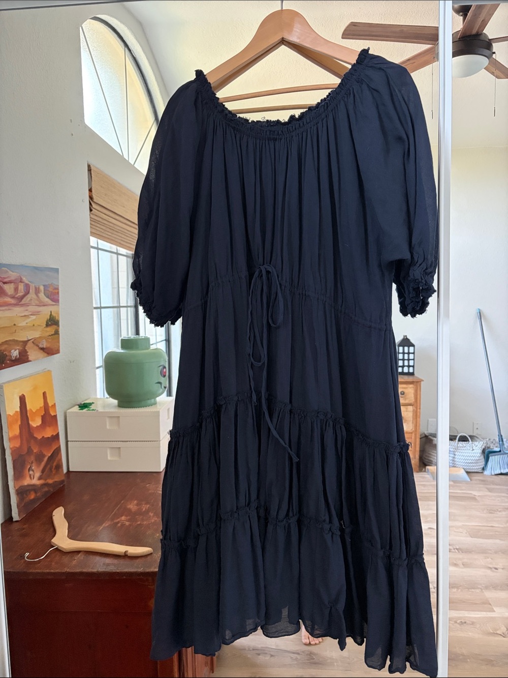 Loup charmant Black Peasant Tiered Midi Dress